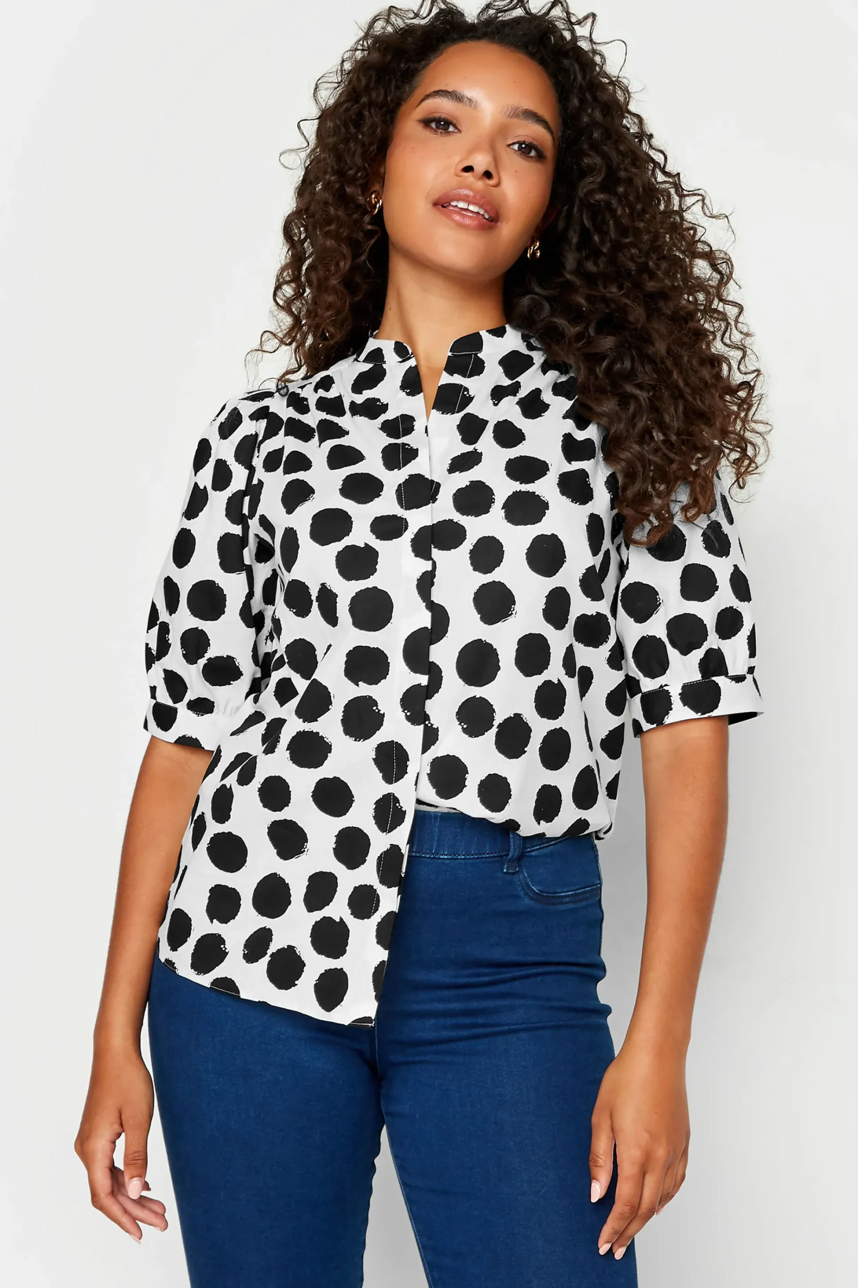 M&Co Womens M&Co White Polka Dot Puff Sleeve Shirt