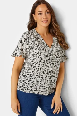 M&Co Womens M&Co White Spot Print Frill Sleeve Button Through Blouse