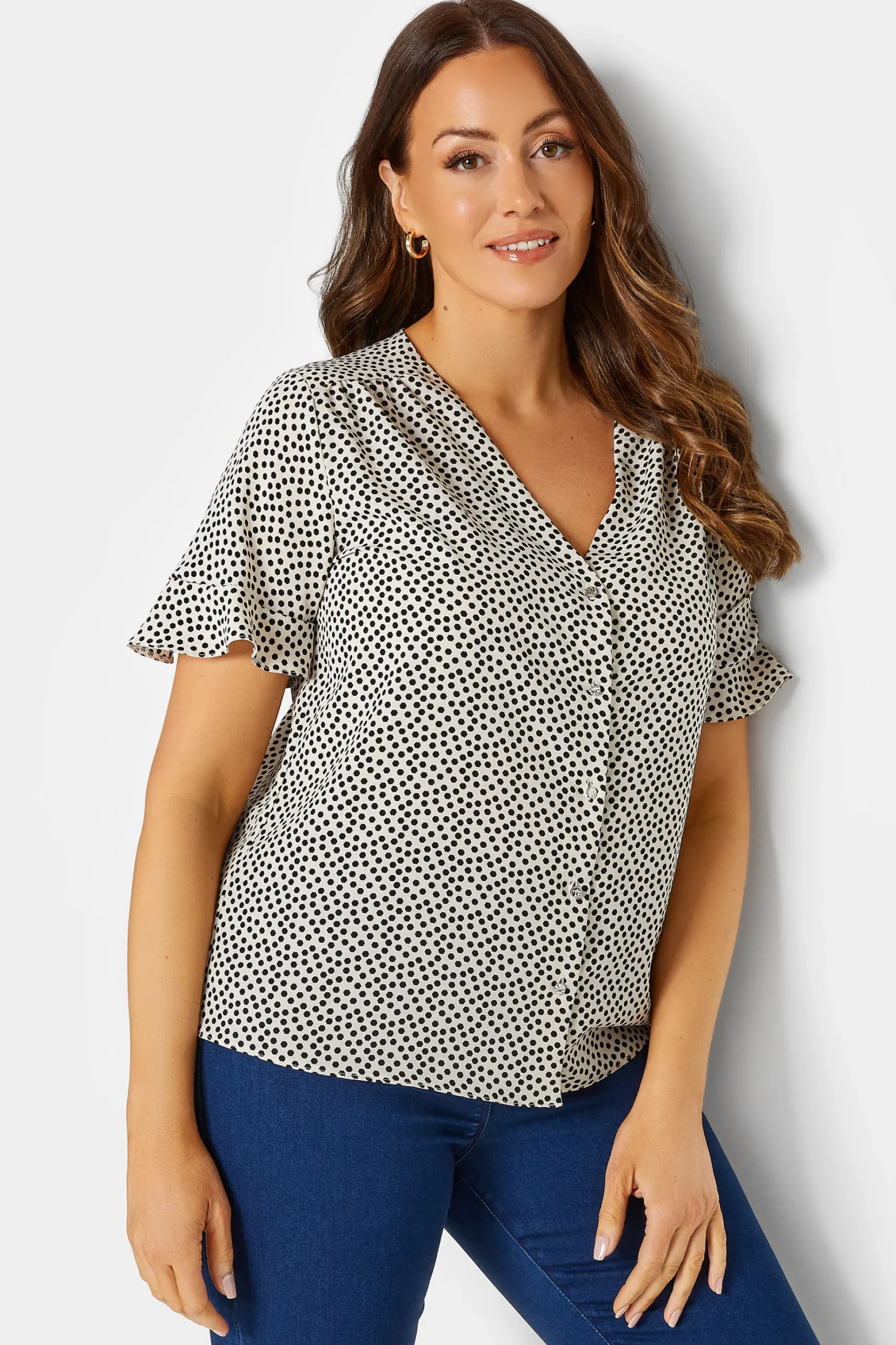 M&Co Womens M&Co White Spot Print Frill Sleeve Button Through Blouse
