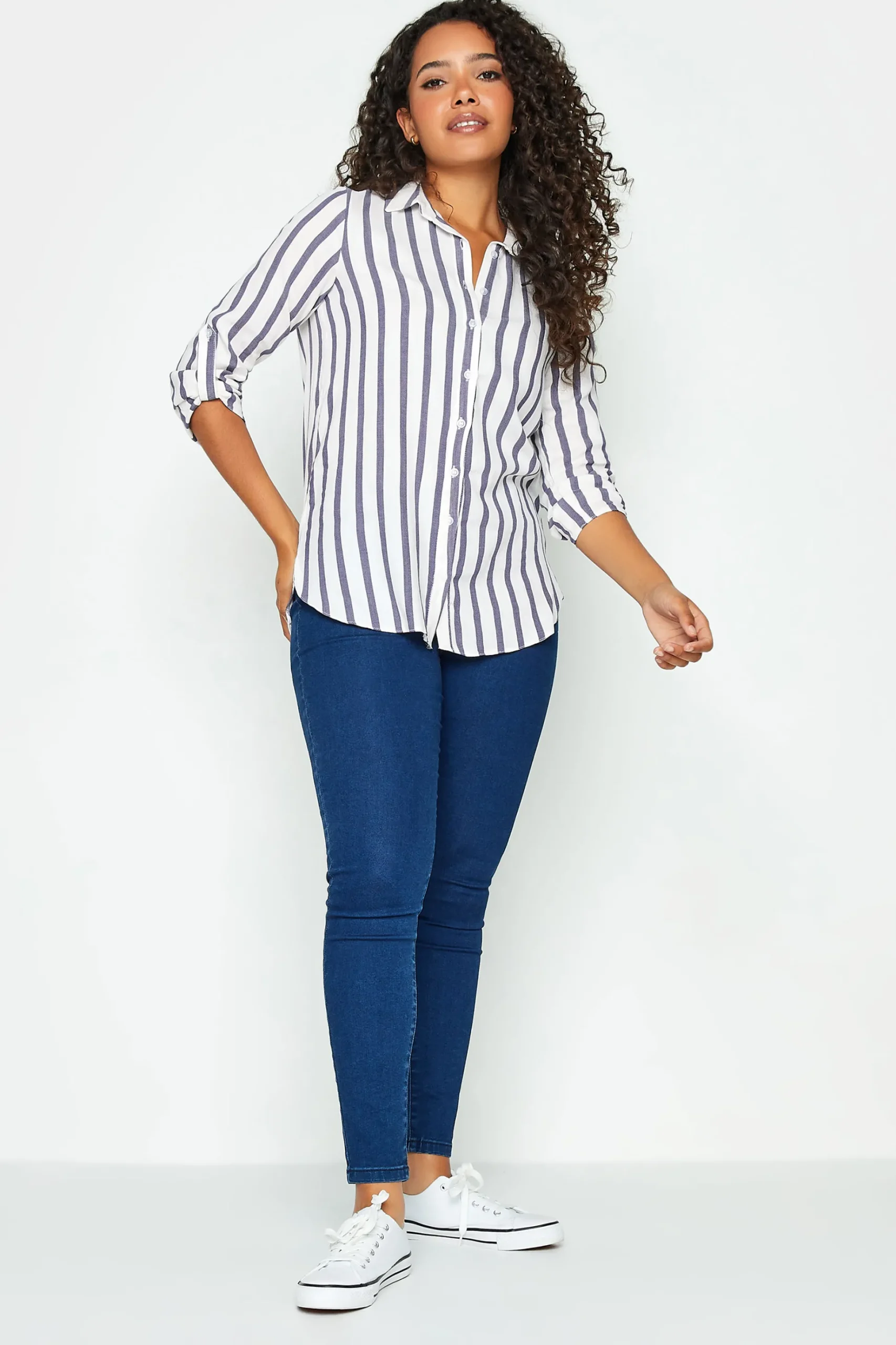 M&Co Womens M&Co White Stripe Tab Sleeve Shirt