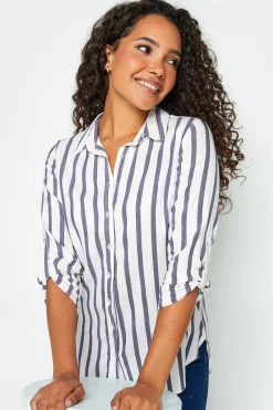 M&Co Womens M&Co White Stripe Tab Sleeve Shirt