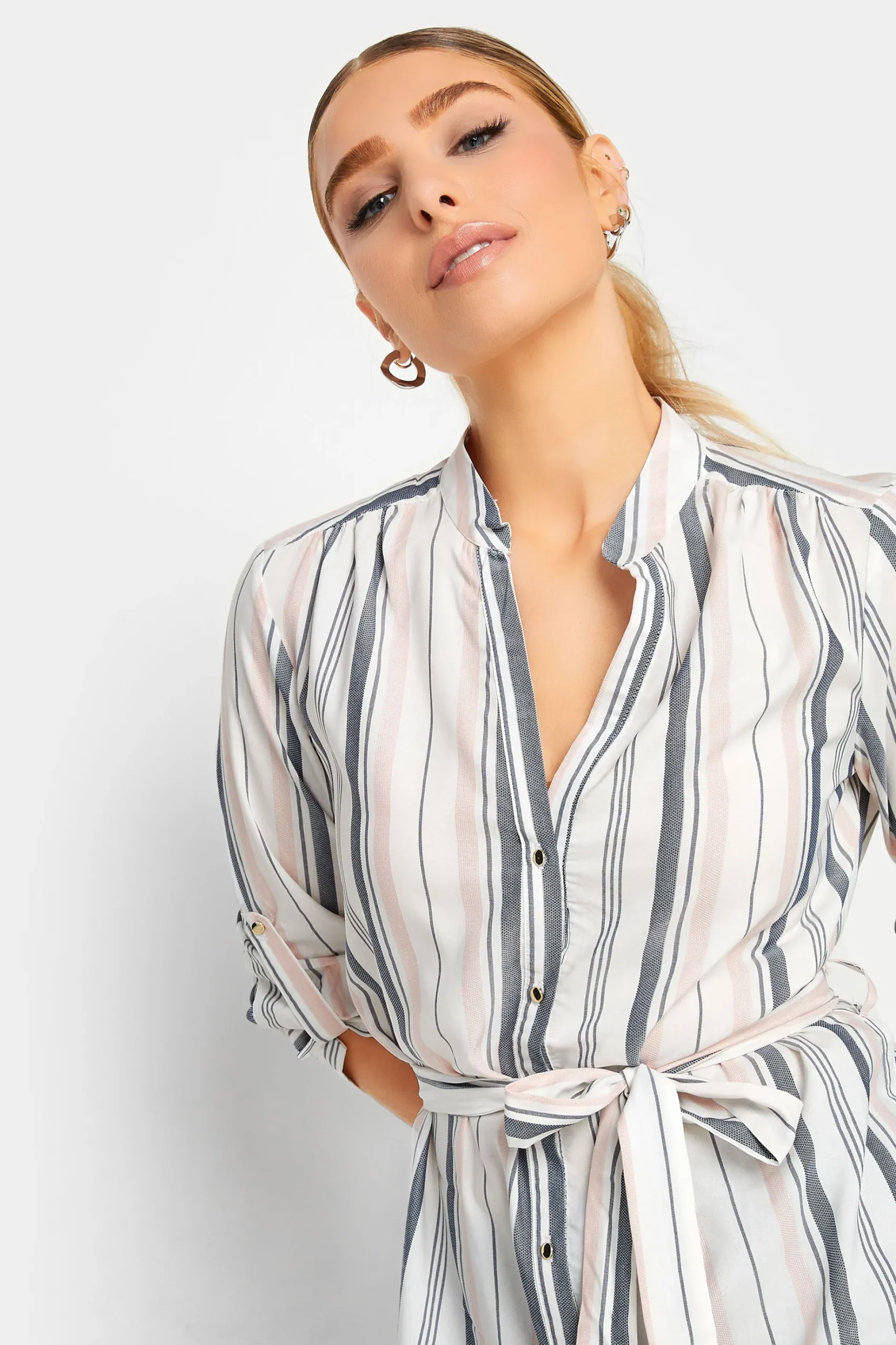 M&Co Womens M&Co White Stripe Tie Waist Blouse