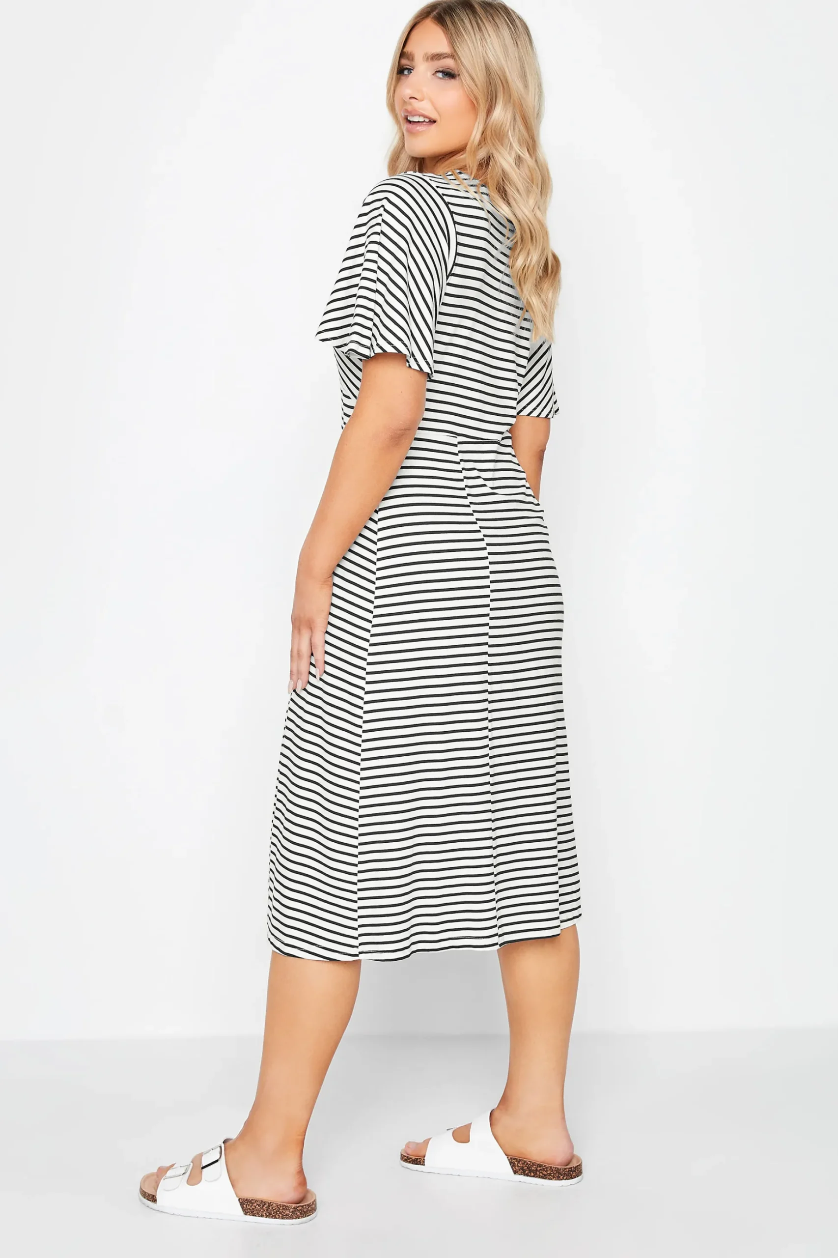 M&Co Womens M&Co White Stripe Print Angel Sleeve Split Hem Midi Dress