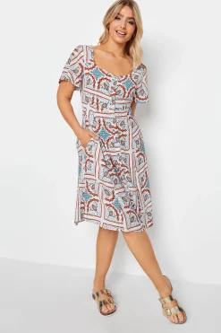 M&Co Womens M&Co White Tile Print Button Through Midi Dress