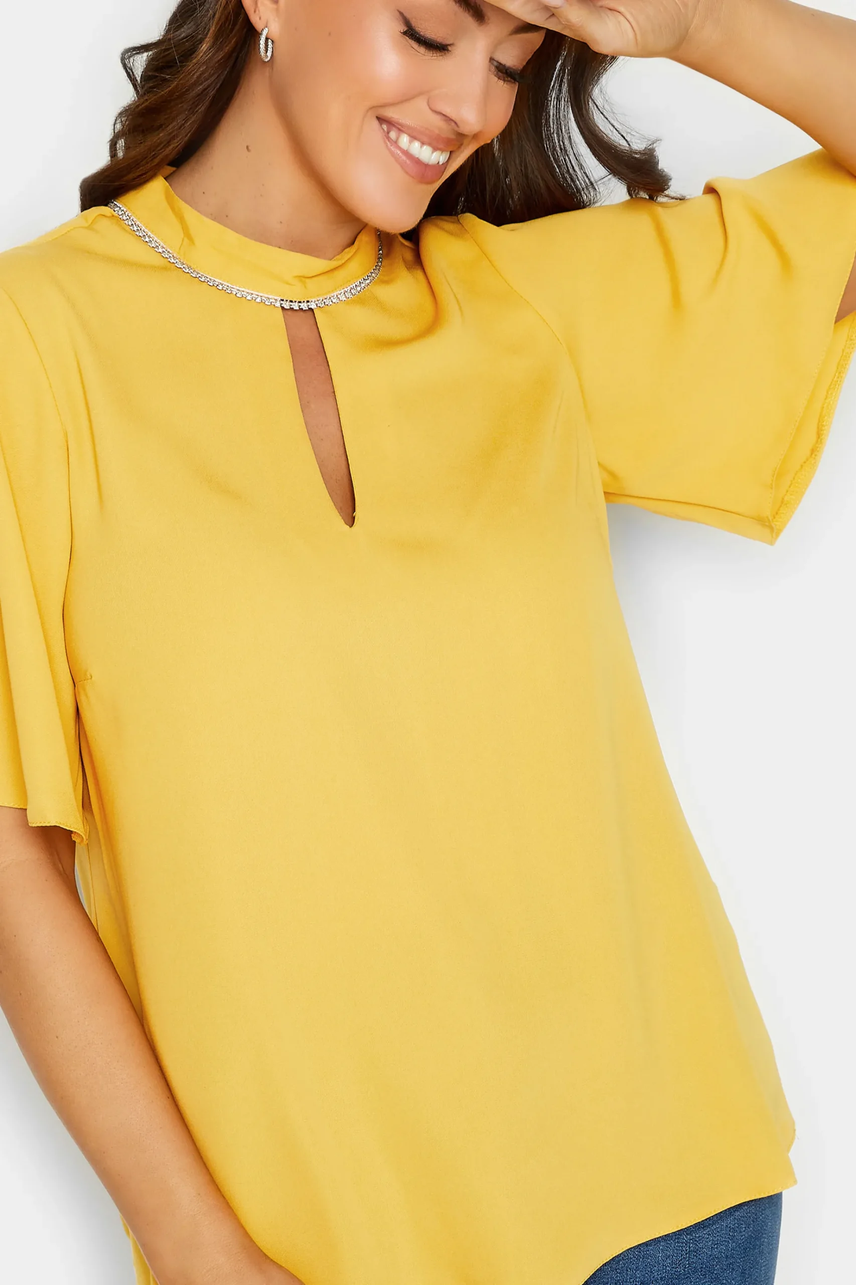 M&Co Womens M&Co Yellow Embellished Neck Keyhole Blouse