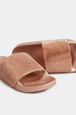 Pixiegirl Pixiegirl Rose Gold Diamante Sliders In Standard Fit
