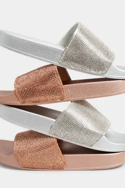Pixiegirl Pixiegirl Rose Gold Diamante Sliders In Standard Fit