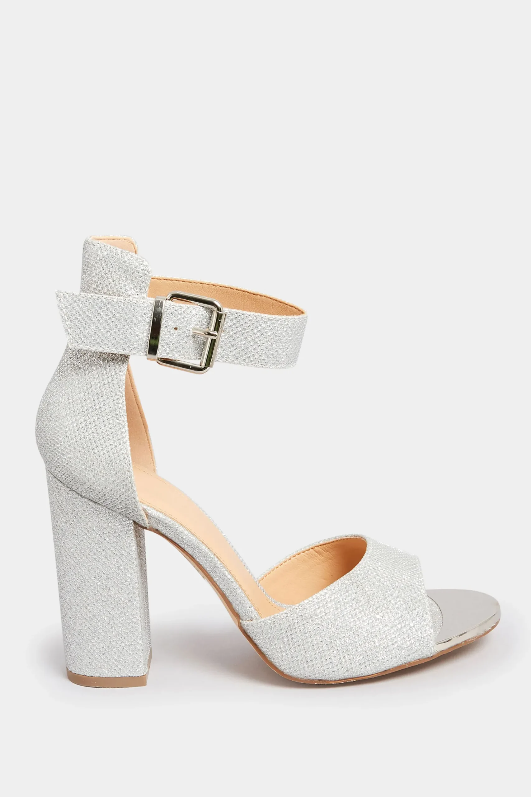 Pixiegirl Pixiegirl Silver Diamante Ankle Strap High Block Heels In Standard Fit