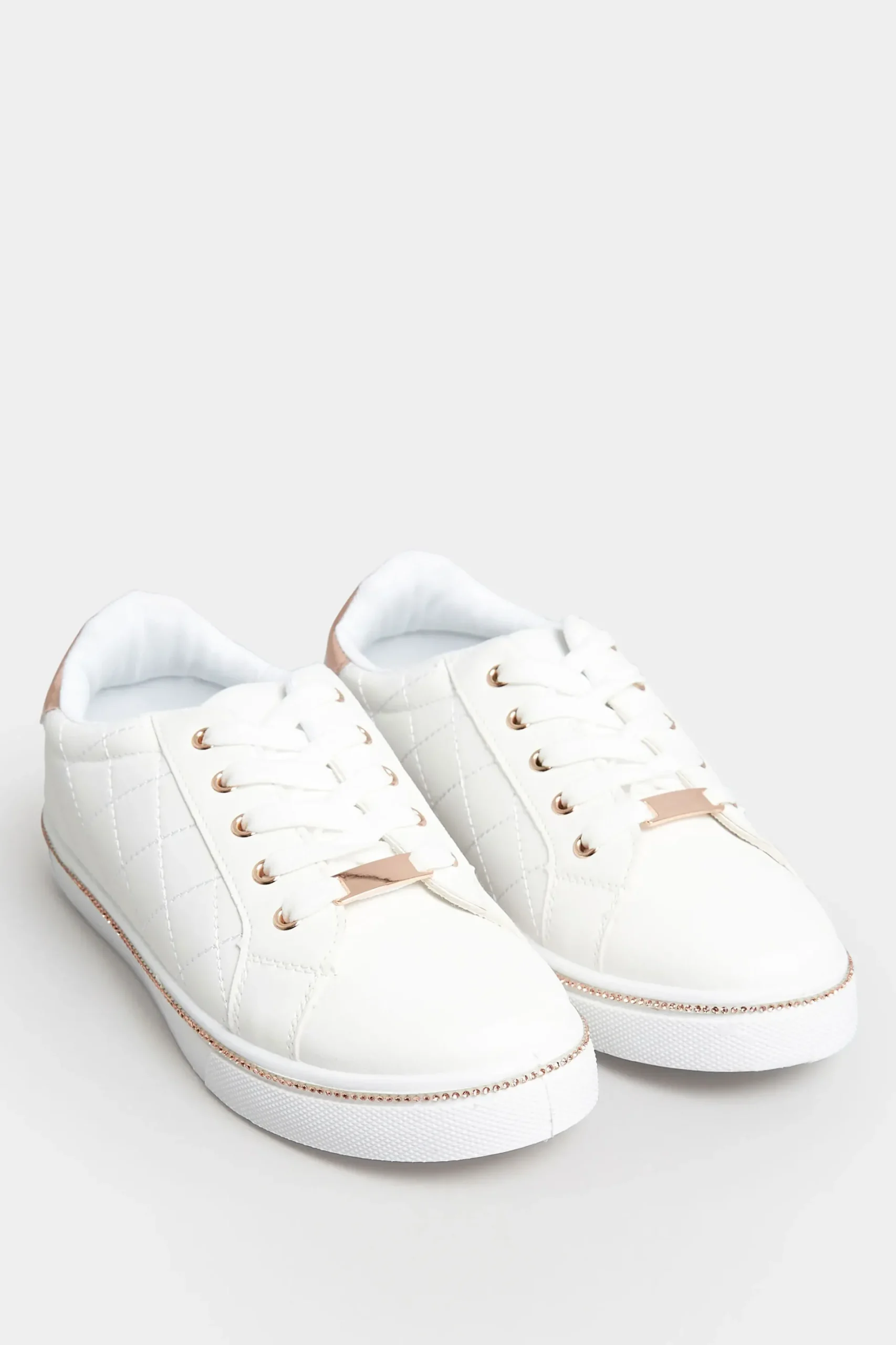 Pixiegirl Pixiegirl White & Rose Gold Quilted Diamante Trainers In Standard Fit
