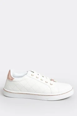 Pixiegirl Pixiegirl White & Rose Gold Quilted Diamante Trainers In Standard Fit
