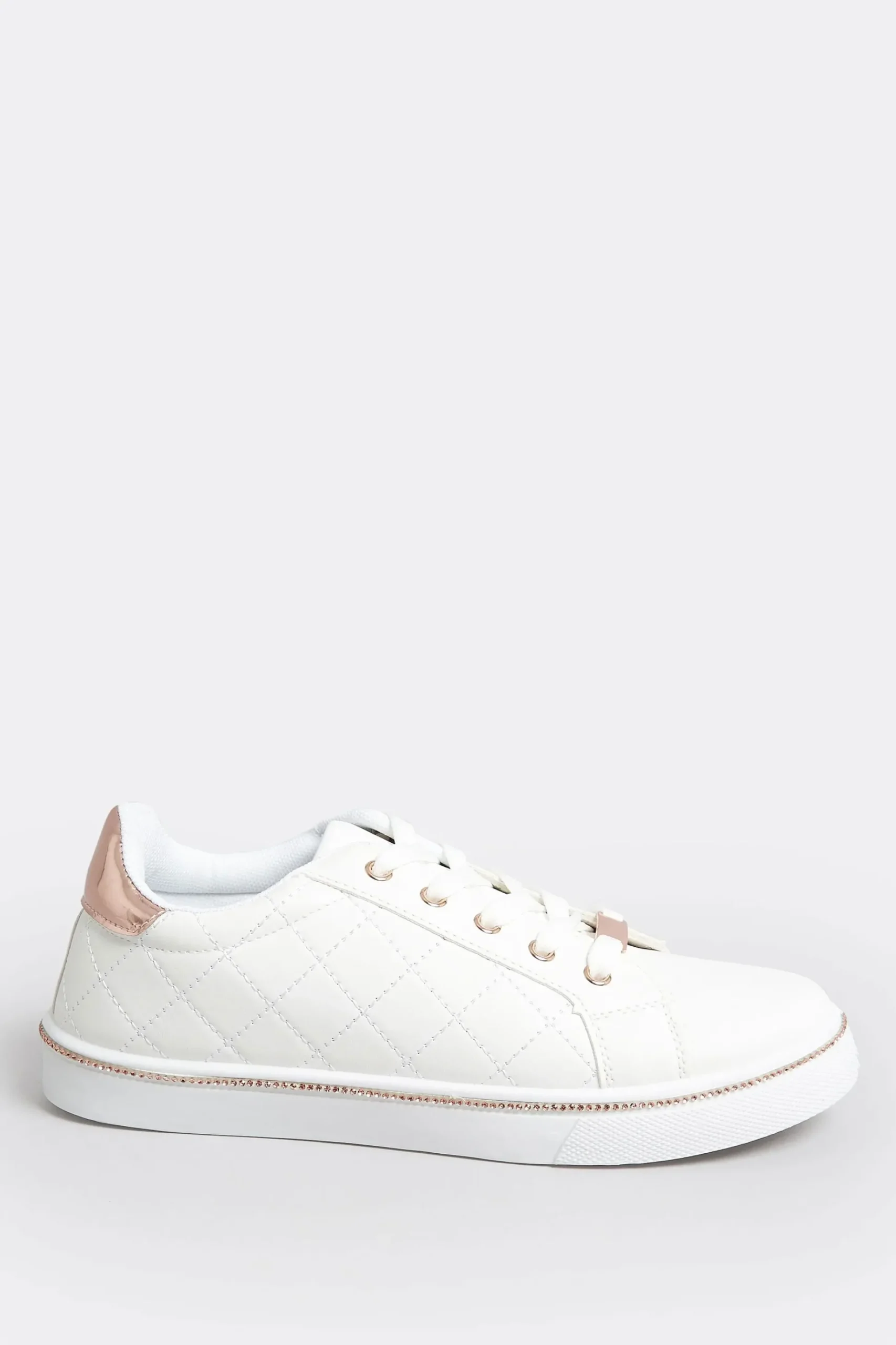 Pixiegirl Pixiegirl White & Rose Gold Quilted Diamante Trainers In Standard Fit
