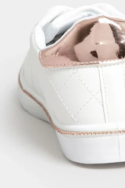 Pixiegirl Pixiegirl White & Rose Gold Quilted Diamante Trainers In Standard Fit