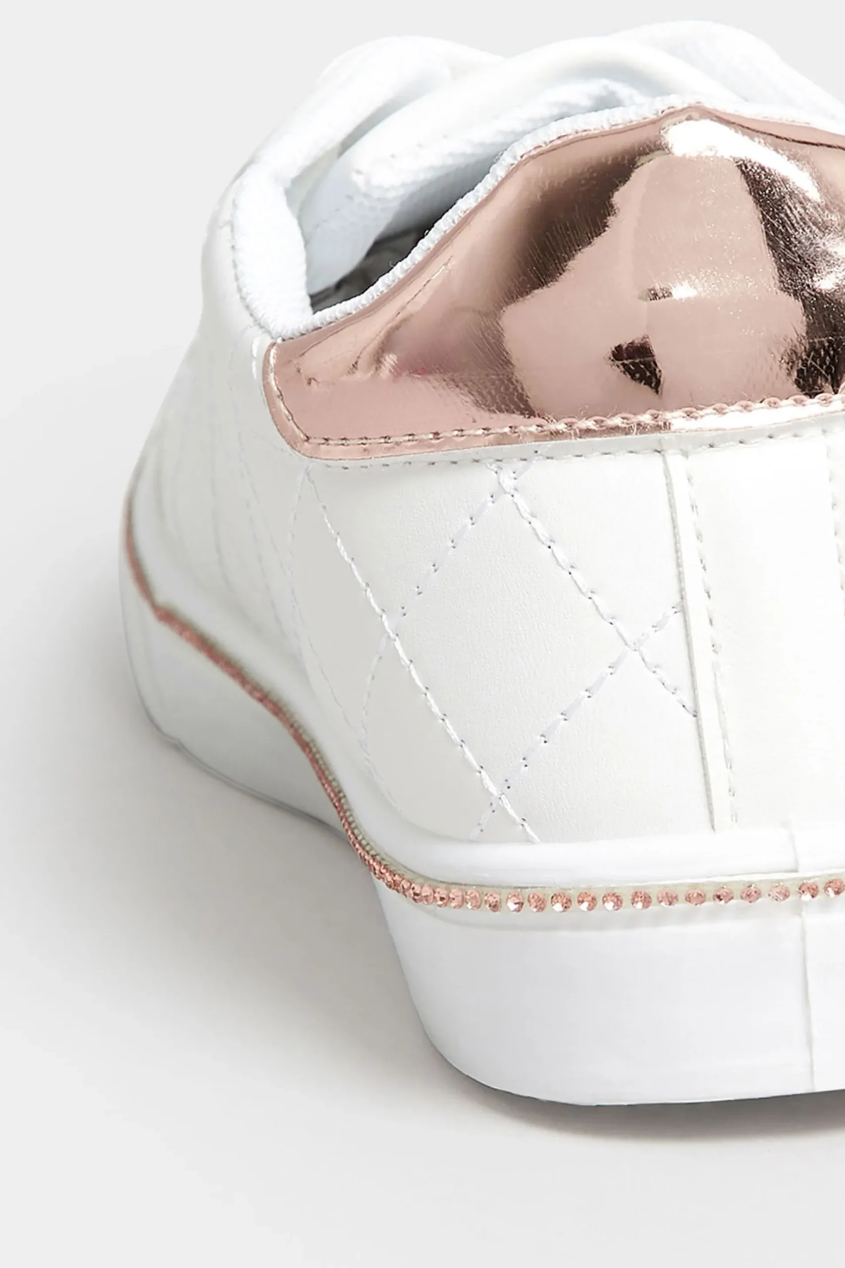 Pixiegirl Pixiegirl White & Rose Gold Quilted Diamante Trainers In Standard Fit