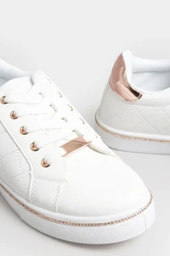Pixiegirl Pixiegirl White & Rose Gold Quilted Diamante Trainers In Standard Fit
