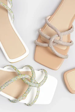 Pixiegirl Pixiegirl White Diamante Strap Mule Sandals In Standard Fit