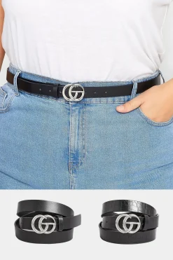 Yours Yours 2 Pack Black & Croc Print Initial Logo Belts