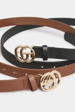 Yours Yours 2 Pack Black & Brown Double Hoop Belts