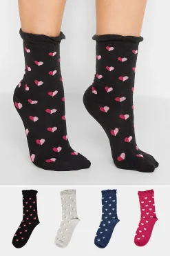 Yours Yours 4 Pack Black & Pink Heart Print Ankle Socks