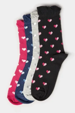 Yours Yours 4 Pack Black & Pink Heart Print Ankle Socks