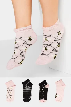 Yours Yours 4 Pack Black & Pink 'Bee Kind' Printed Trainer Liner Socks