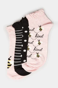 Yours Yours 4 Pack Black & Pink 'Bee Kind' Printed Trainer Liner Socks
