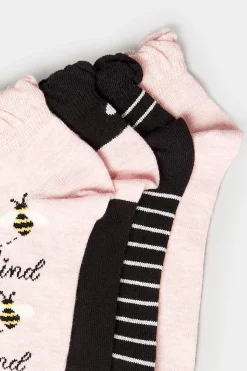 Yours Yours 4 Pack Black & Pink 'Bee Kind' Printed Trainer Liner Socks
