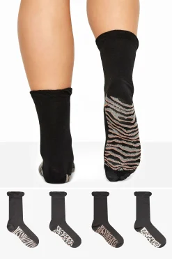 Yours Yours 4 Pack Black Animal Print Footbed Socks