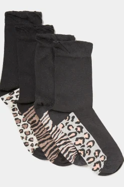 Yours Yours 4 Pack Black Animal Print Footbed Socks