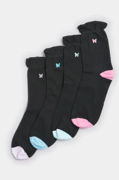 Yours Yours 4 Pack Black Butterfly Embroidered Ankle Socks
