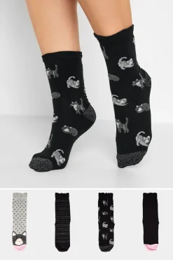 Yours Yours 4 Pack Black Cat Print Ankle Socks