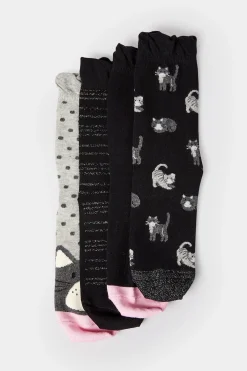 Yours Yours 4 Pack Black Cat Print Ankle Socks