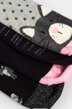 Yours Yours 4 Pack Black Cat Print Ankle Socks