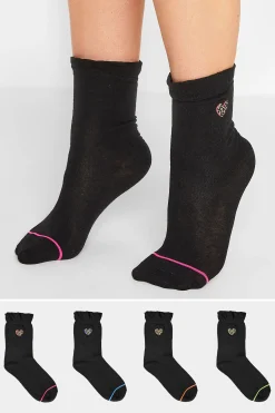 Yours Yours 4 Pack Black Embroidered Hearts Ankle Socks