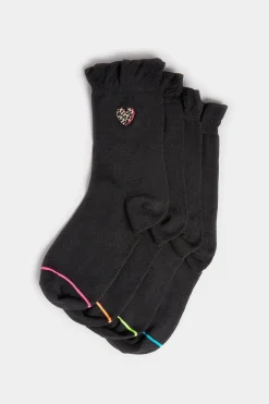 Yours Yours 4 Pack Black Embroidered Hearts Ankle Socks