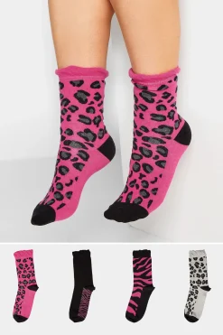 Yours Yours 4 Pack Black Mixed Animal Print Footbed Ankle Socks