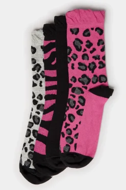 Yours Yours 4 Pack Black Mixed Animal Print Footbed Ankle Socks