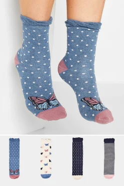 Yours Yours 4 Pack Blue Butterfly Print Ankle Socks