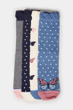 Yours Yours 4 Pack Blue Butterfly Print Ankle Socks