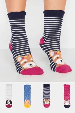 Yours Yours 4 Pack Navy Blue Animal Print Stripe Ankle Socks