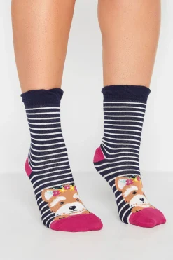 Yours Yours 4 Pack Navy Blue Animal Print Stripe Ankle Socks