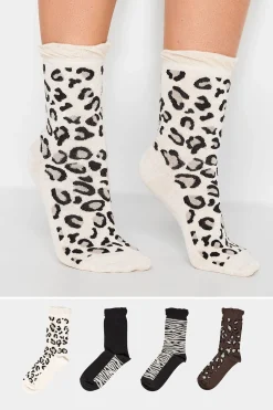 Yours Yours 4 Pack White & Black Animal Print Socks