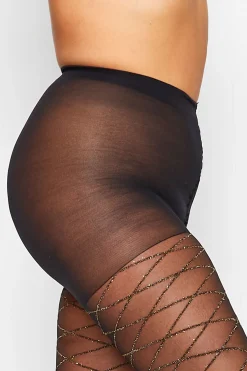 Yours Yours Black & Gold Glitter Argyle Print Tights