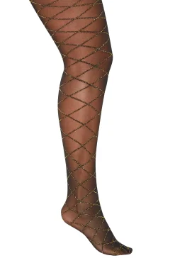 Yours Yours Black & Gold Glitter Argyle Print Tights
