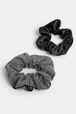 Yours Yours Black 2 Pack Diamante Satin Scrunchie Set