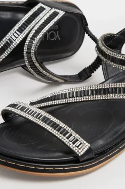 Yours Yours Black & Silver Sequin Strappy Sandals In Wide E Fit & Extra Wide Eee Fit