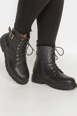 Yours Yours Black Buckle Lace Up Ankle Boots In Wide E Fit & Extra Wide Eee Fit