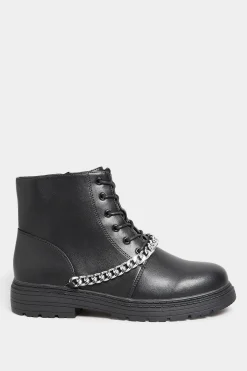 Yours Yours Black Chain Lace Up Boots In Wide E Fit & Extra Wide Eee Fit