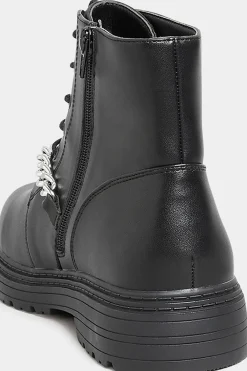 Yours Yours Black Chain Lace Up Boots In Wide E Fit & Extra Wide Eee Fit