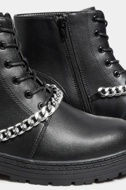 Yours Yours Black Chain Lace Up Boots In Wide E Fit & Extra Wide Eee Fit