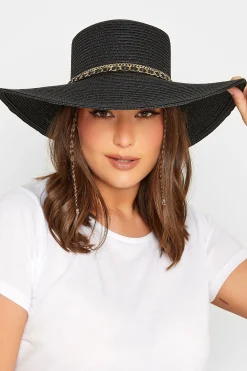 Yours Yours Black Chain Straw Wide Brim Boater Hat